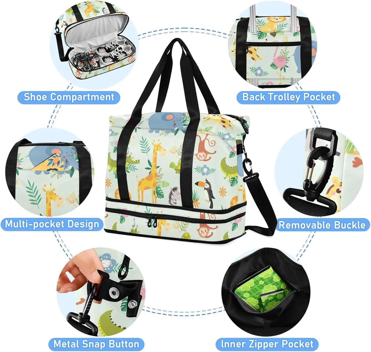 Cute Wild Animal African Folding Duffel Bags for Traveling Waterproof Gym Bags for Men, Airplane Personal Item Bag with Trolley Sleeve