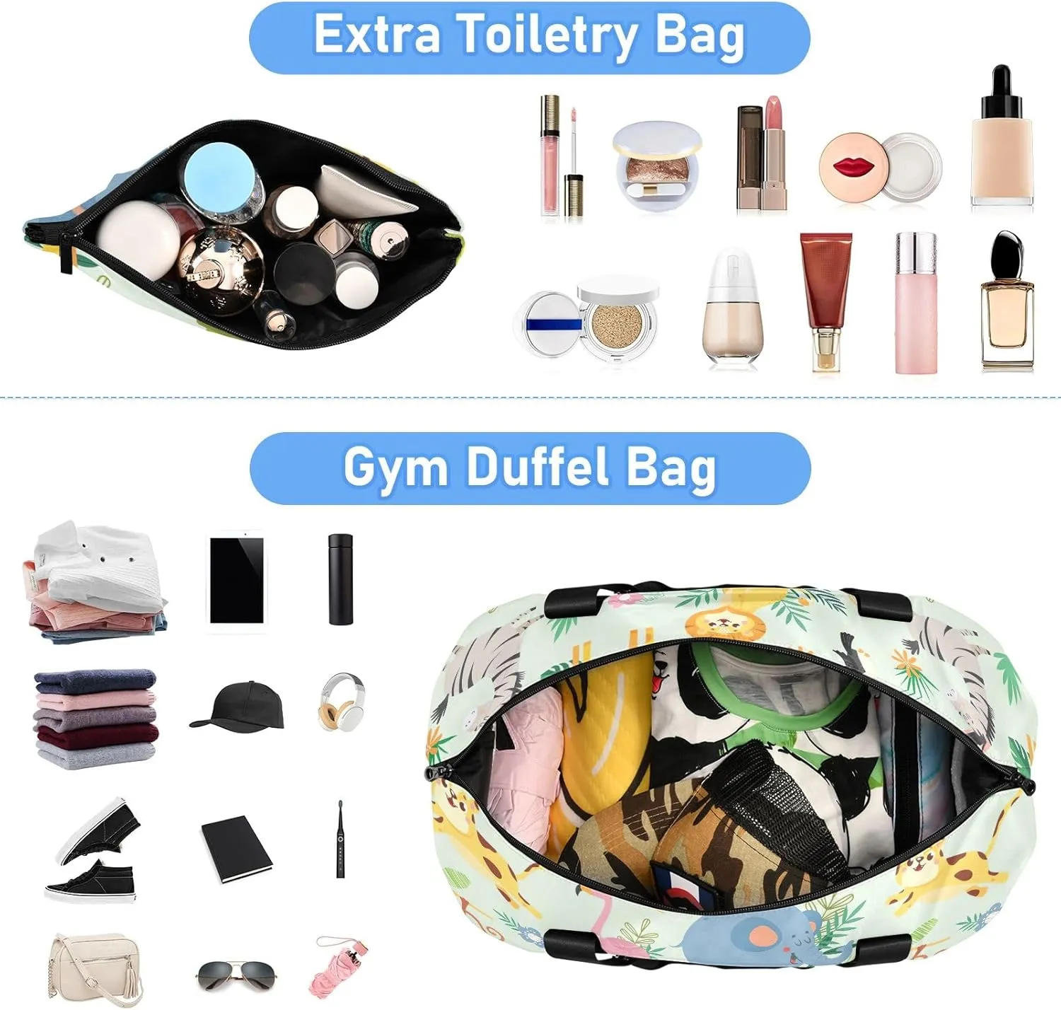 Cute Wild Animal African Folding Duffel Bags for Traveling Waterproof Gym Bags for Men, Airplane Personal Item Bag with Trolley Sleeve