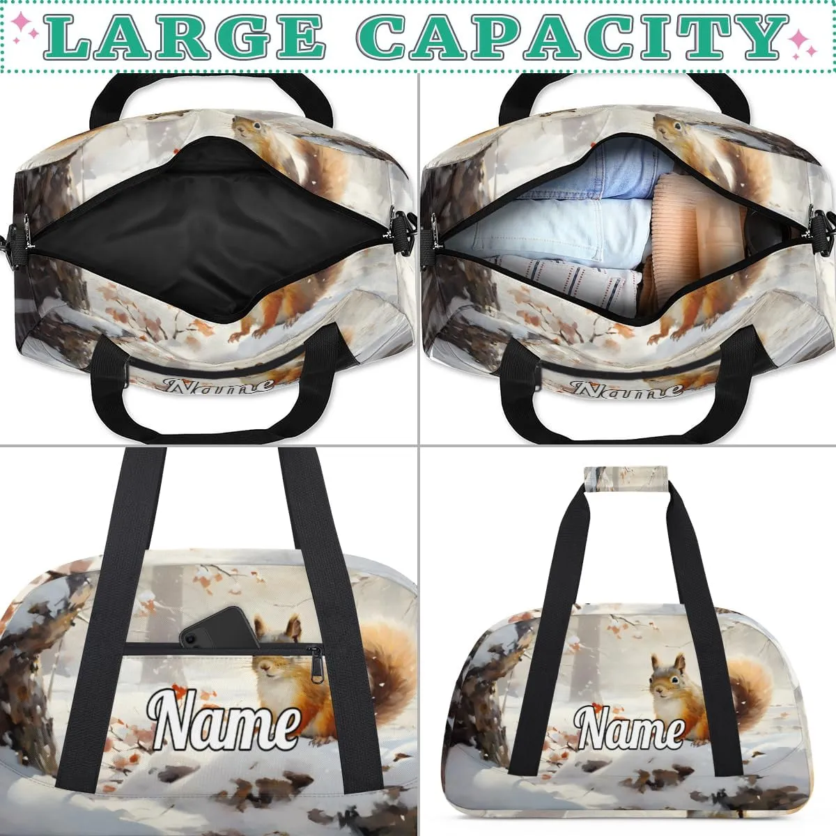 Cute Winter Squirrel Custom Name Sport Duffel Bag Dance Bag for Girls Teens Personalized Ballet Bag Gift for Birthday Christmas Helloween