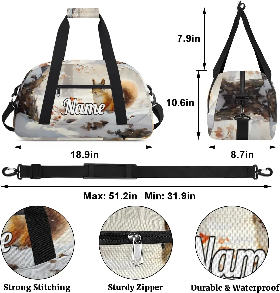 Cute Winter Squirrel Custom Name Sport Duffel Bag Dance Bag for Girls Teens Personalized Ballet Bag Gift for Birthday Christmas Helloween
