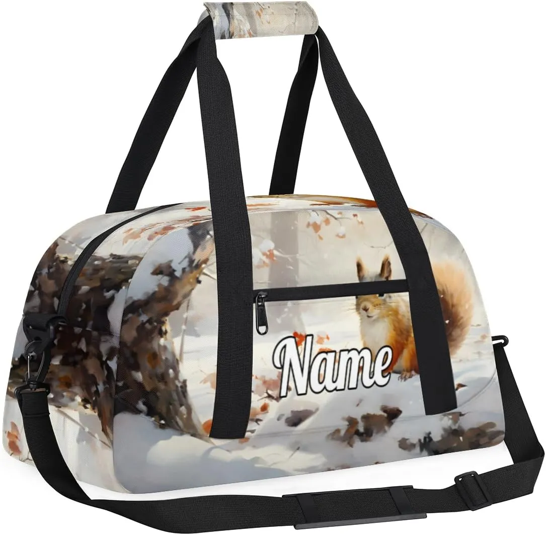 Cute Winter Squirrel Custom Name Sport Duffel Bag Dance Bag for Girls Teens Personalized Ballet Bag Gift for Birthday Christmas Helloween