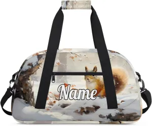 Cute Winter Squirrel Custom Name Sport Duffel Bag Dance Bag for Girls Teens Personalized Ballet Bag Gift for Birthday Christmas Helloween
