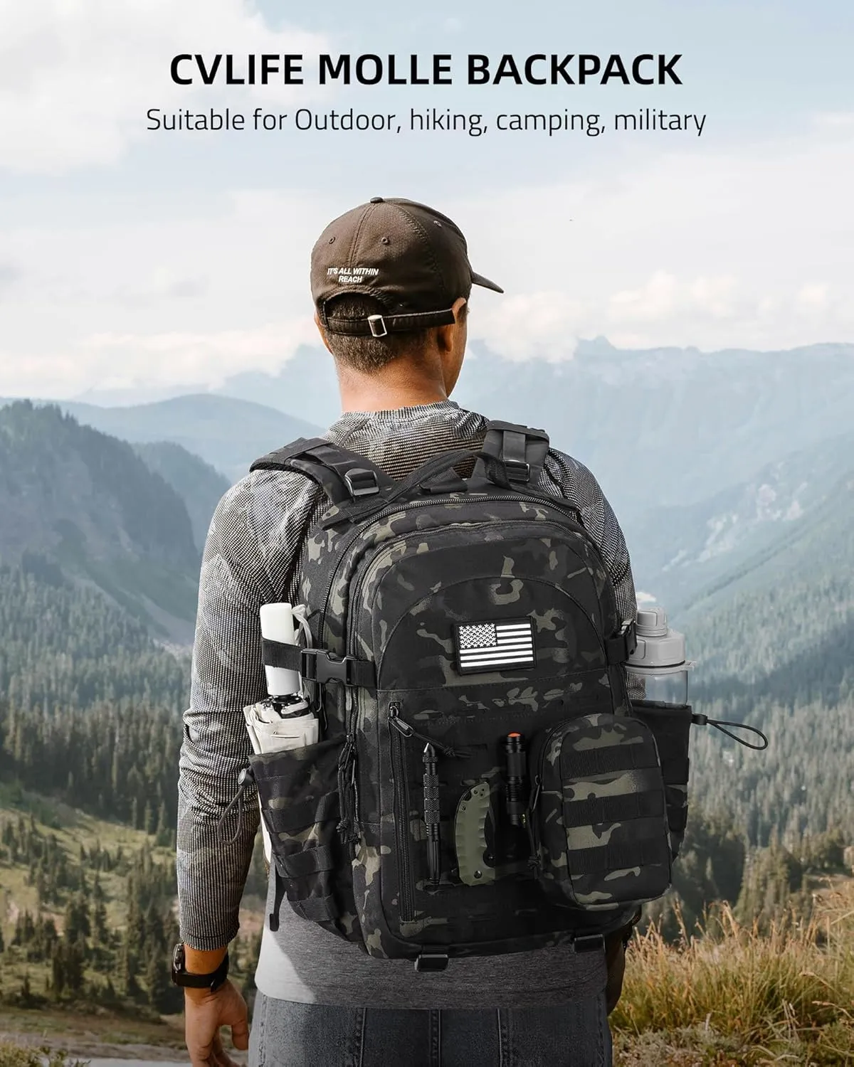 CVLIFE Tactical Backpack Military Molle Backpack for Men Women, Army Daypack with Laptop Compartment, 40L Assault Pack Rucksack Bug Out Bag for Outdoors Hiking Travel Camping, Black CP