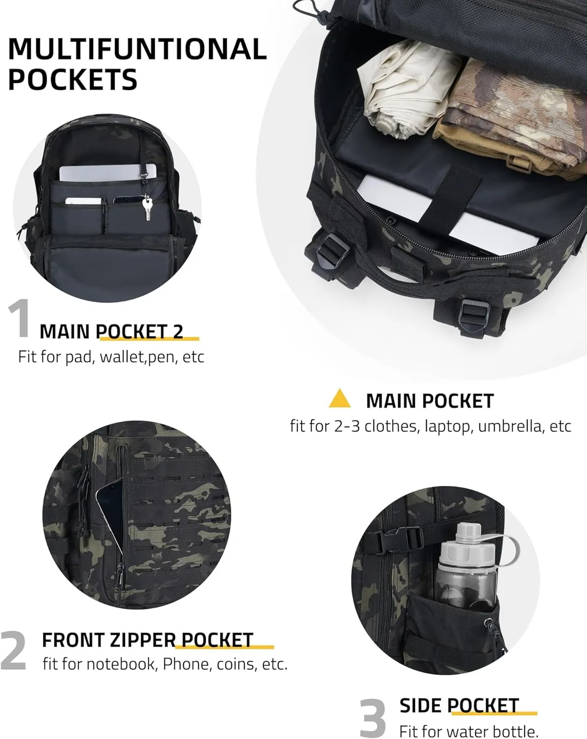 CVLIFE Tactical Backpack Military Molle Backpack for Men Women, Army Daypack with Laptop Compartment, 40L Assault Pack Rucksack Bug Out Bag for Outdoors Hiking Travel Camping, Black CP