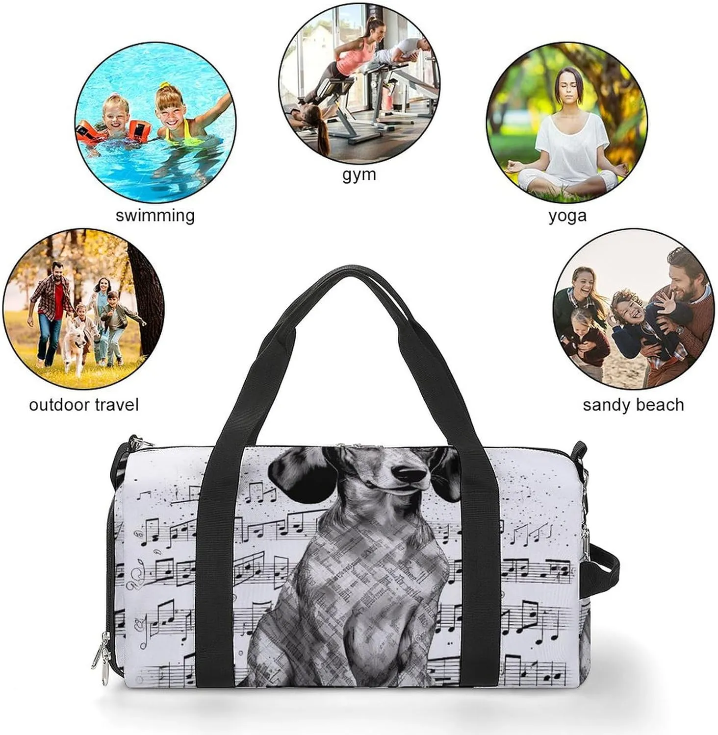 Dachshund Music Notes Sports Gym Bag Carry on Holdalls for Men Small Duffel Bags for Women with Shoe Compartment