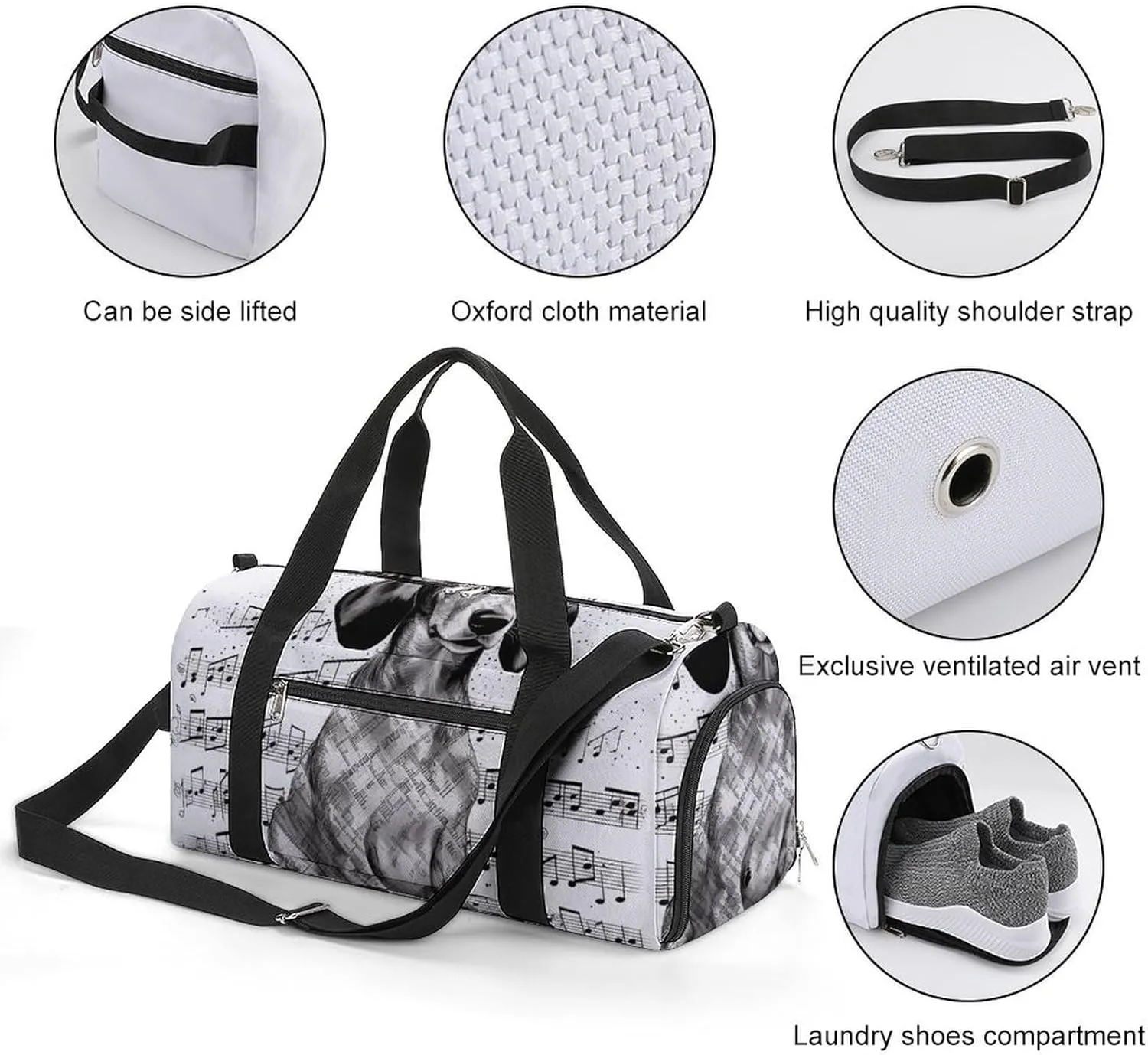 Dachshund Music Notes Sports Gym Bag Carry on Holdalls for Men Small Duffel Bags for Women with Shoe Compartment