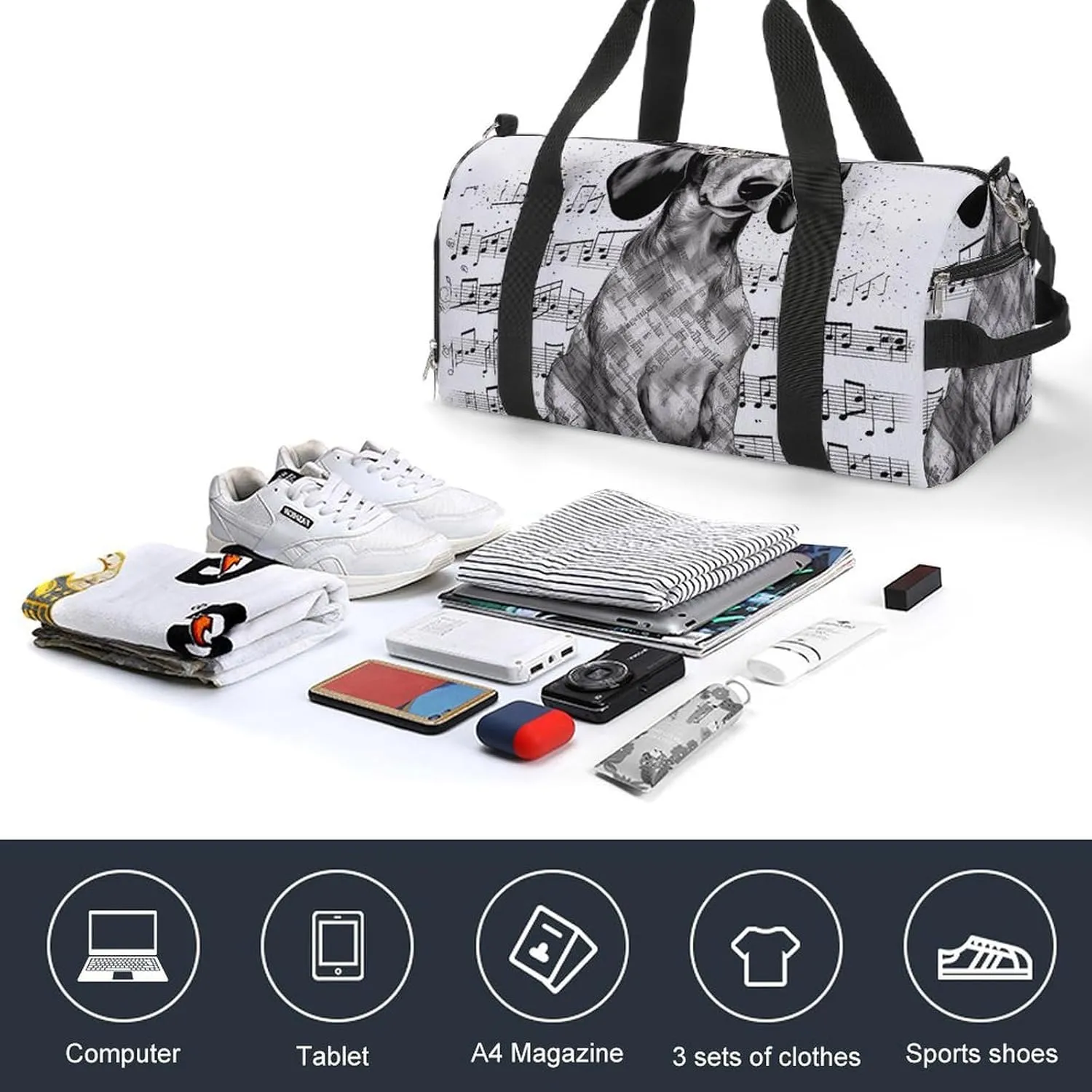 Dachshund Music Notes Sports Gym Bag Carry on Holdalls for Men Small Duffel Bags for Women with Shoe Compartment