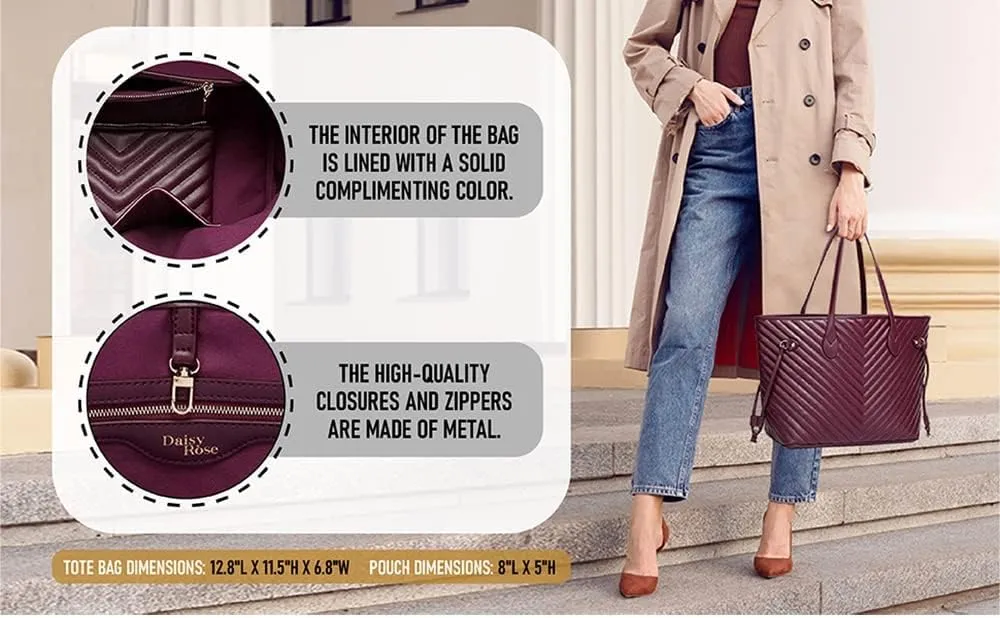 Daisy Rose Tote Shoulder Travel Bag & Matching Clutch PU Vegan Leather