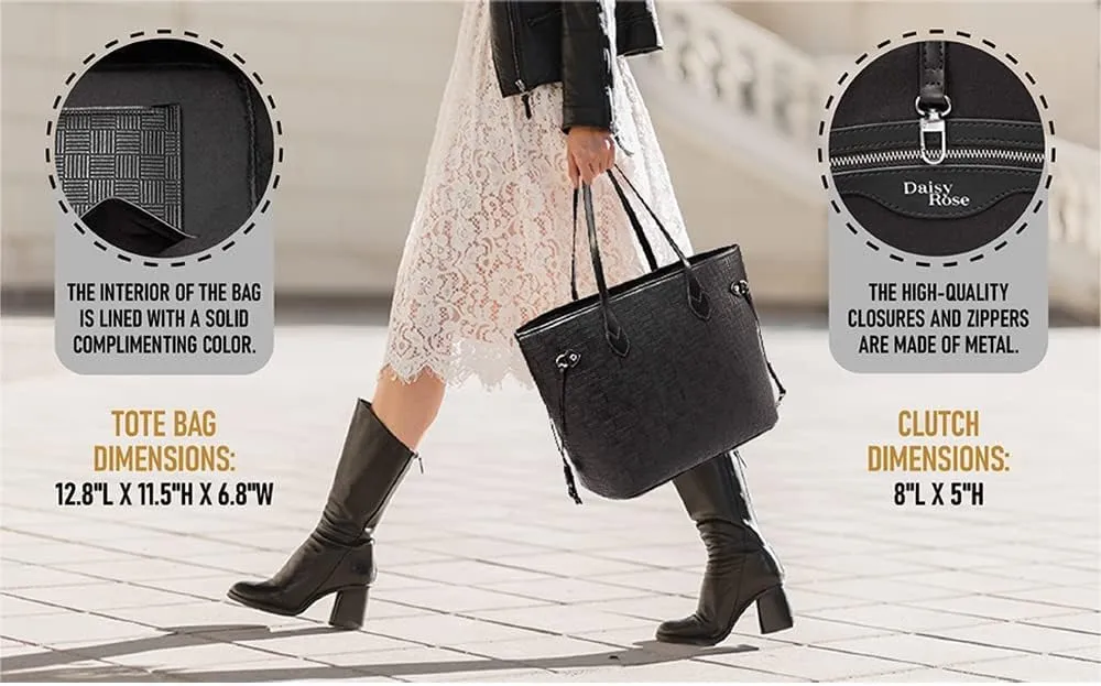 Daisy Rose Tote Shoulder Travel Bag & Matching Clutch PU Vegan Leather