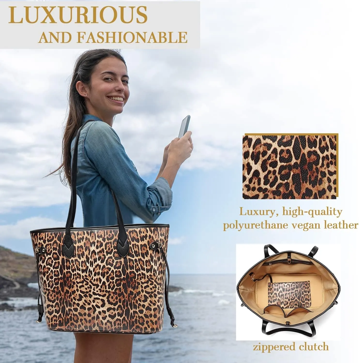 Daisy Rose Tote Shoulder Travel Bag & Matching Clutch PU Vegan Leather