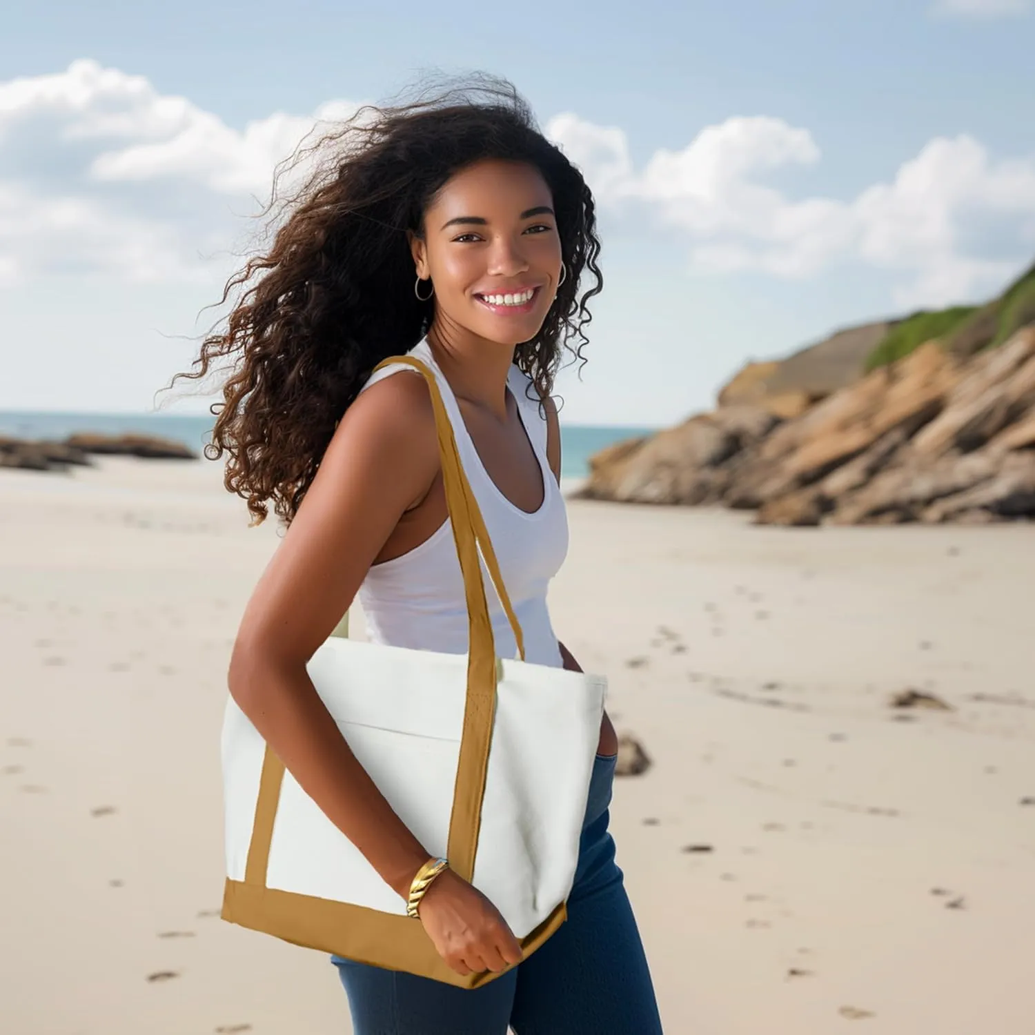DALIX Daily Shoulder Tote Bag Premium Cotton in Brown