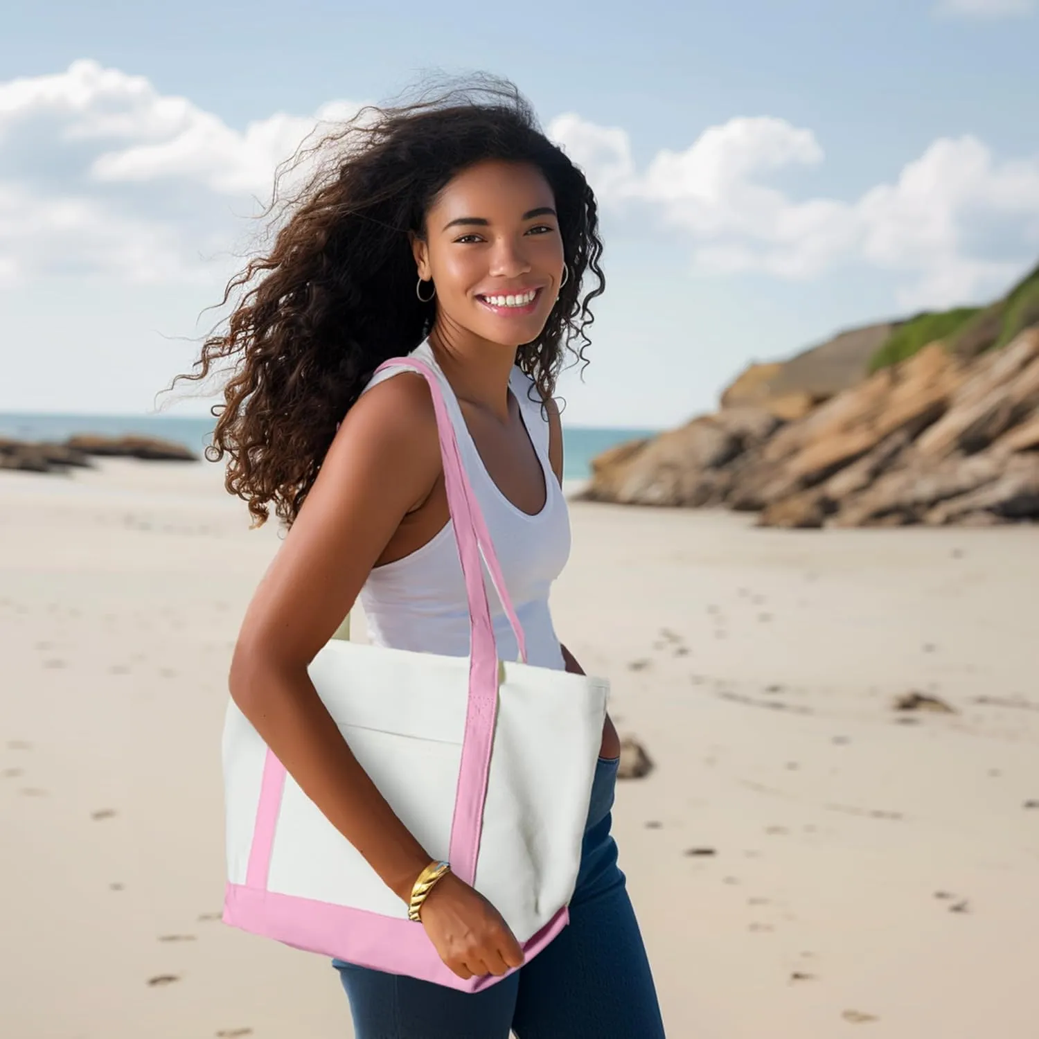 DALIX Daily Shoulder Tote Bag Premium Cotton in Pink