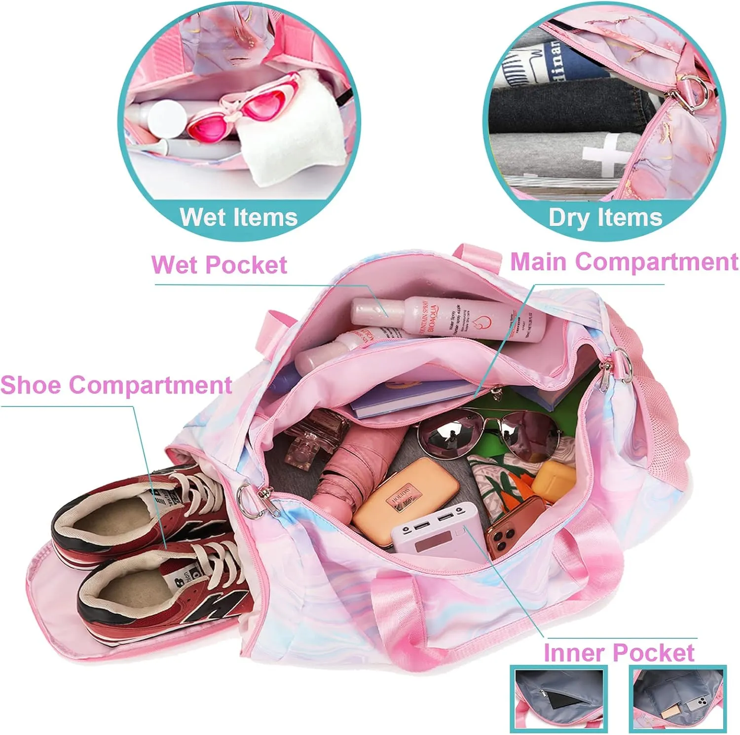 Dance Bag Girls Duffle Bags Teen Sports Gym Bag Weekender Sleepover Overnight Bags with Shoe Compartment and Wet Pocket