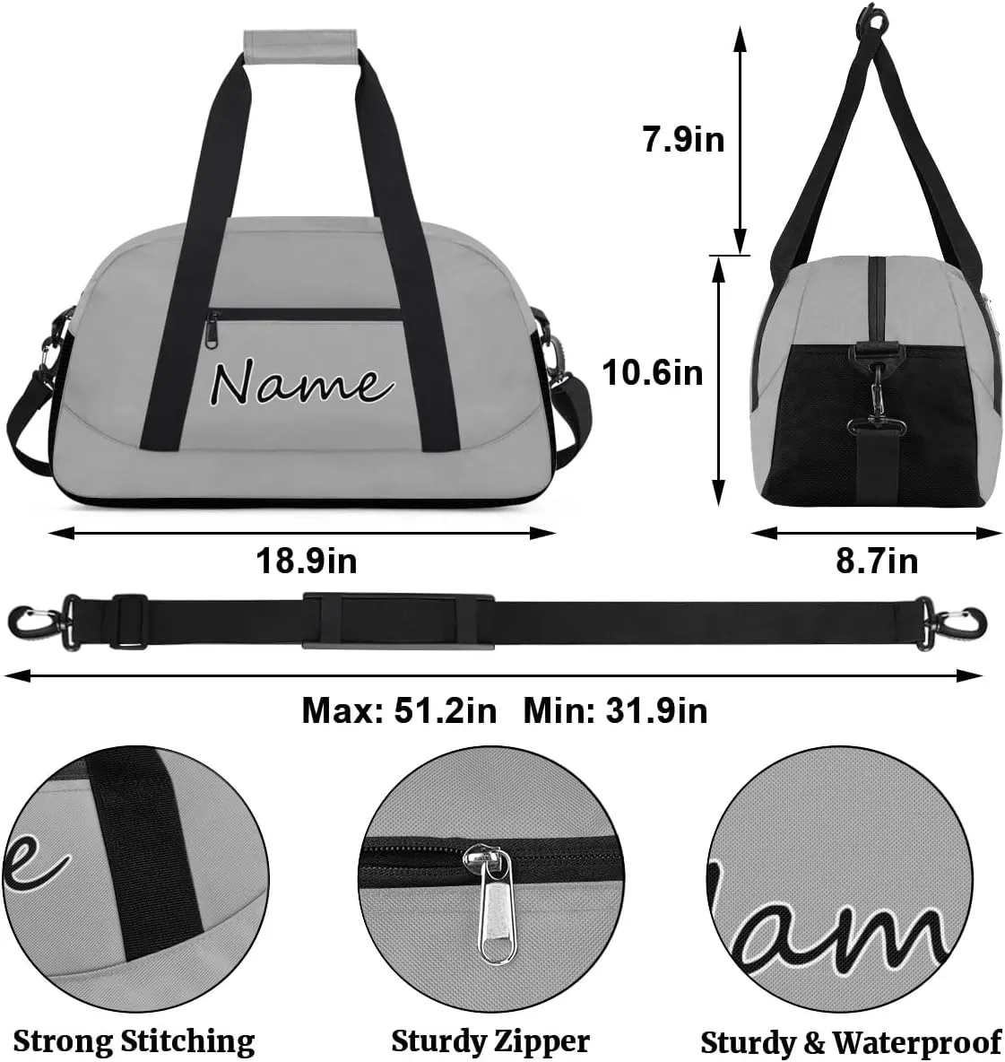 Dark Gray Custom Gym Bag for Women Men, Personalized Duffel Bag with Name, Small Sports Gym Bag Travel Duffle Bag Weekender Carry On Overnight Bags