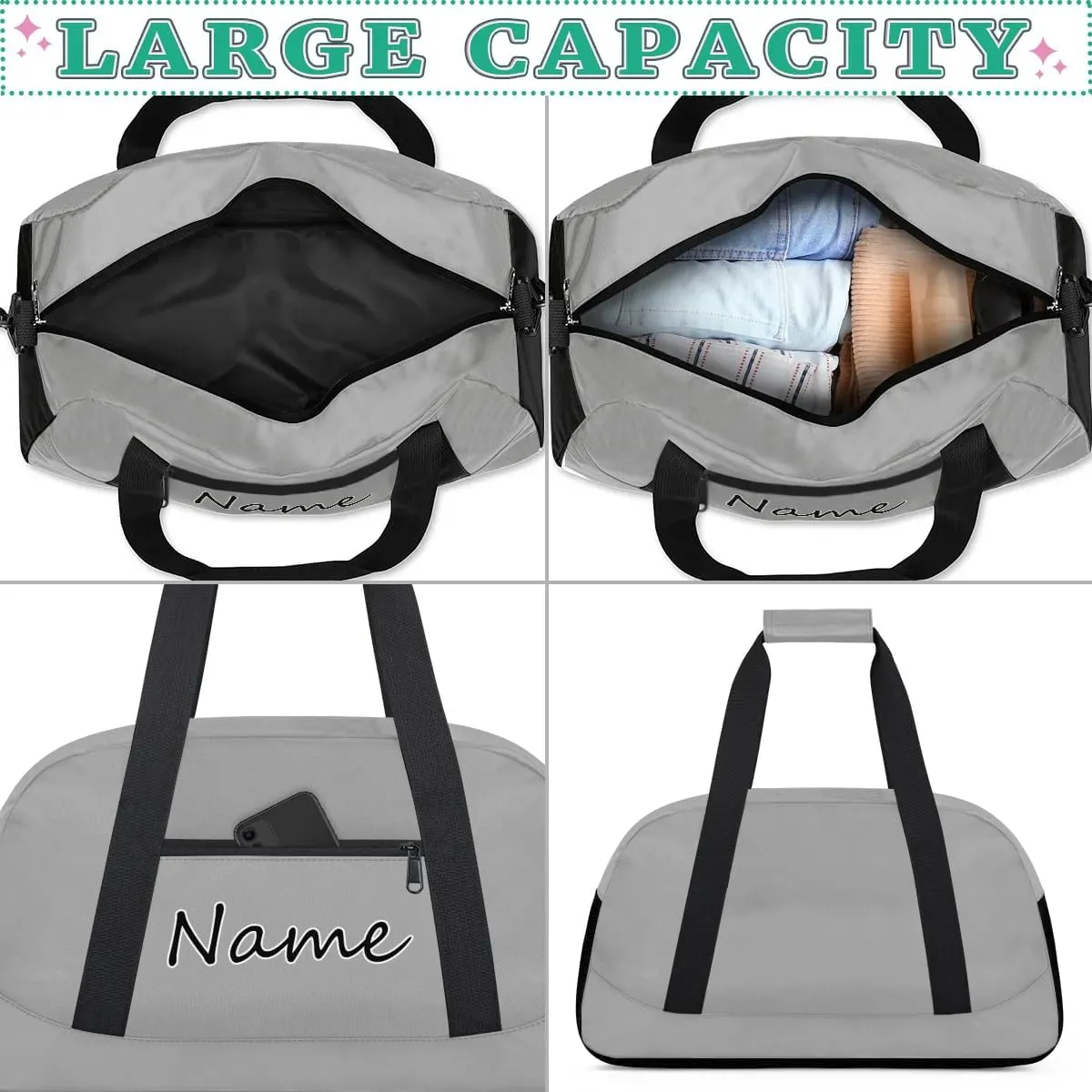 Dark Gray Custom Gym Bag for Women Men, Personalized Duffel Bag with Name, Small Sports Gym Bag Travel Duffle Bag Weekender Carry On Overnight Bags