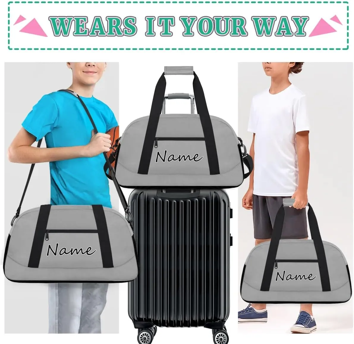 Dark Gray Custom Gym Bag for Women Men, Personalized Duffel Bag with Name, Small Sports Gym Bag Travel Duffle Bag Weekender Carry On Overnight Bags