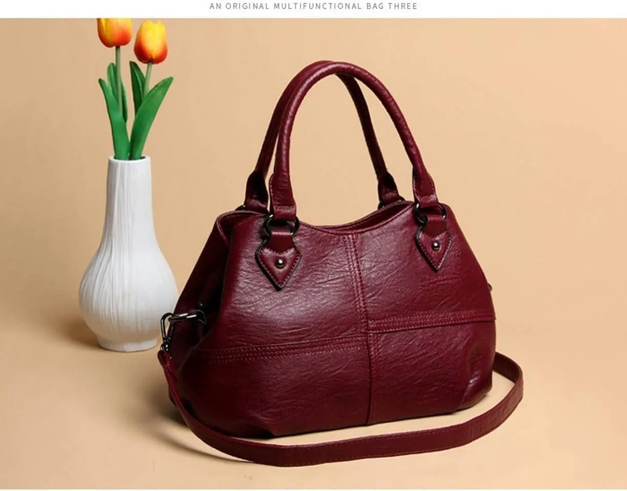Dayfine Women's Soft Leather Stitching Three-layer Middle-aged Mother Shoulder Bag Oblique Satchel
