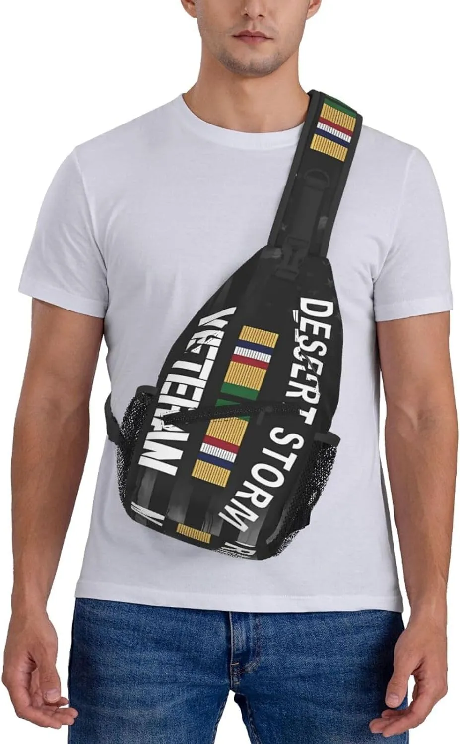 Desert Storm Veteran Pride Persian Gulf War Service Ribbon Small Crossbody Backpack Sling Bag For Men Women Mini One Shoulder Chest Bags Gym Sport Travel Hiking Daypack