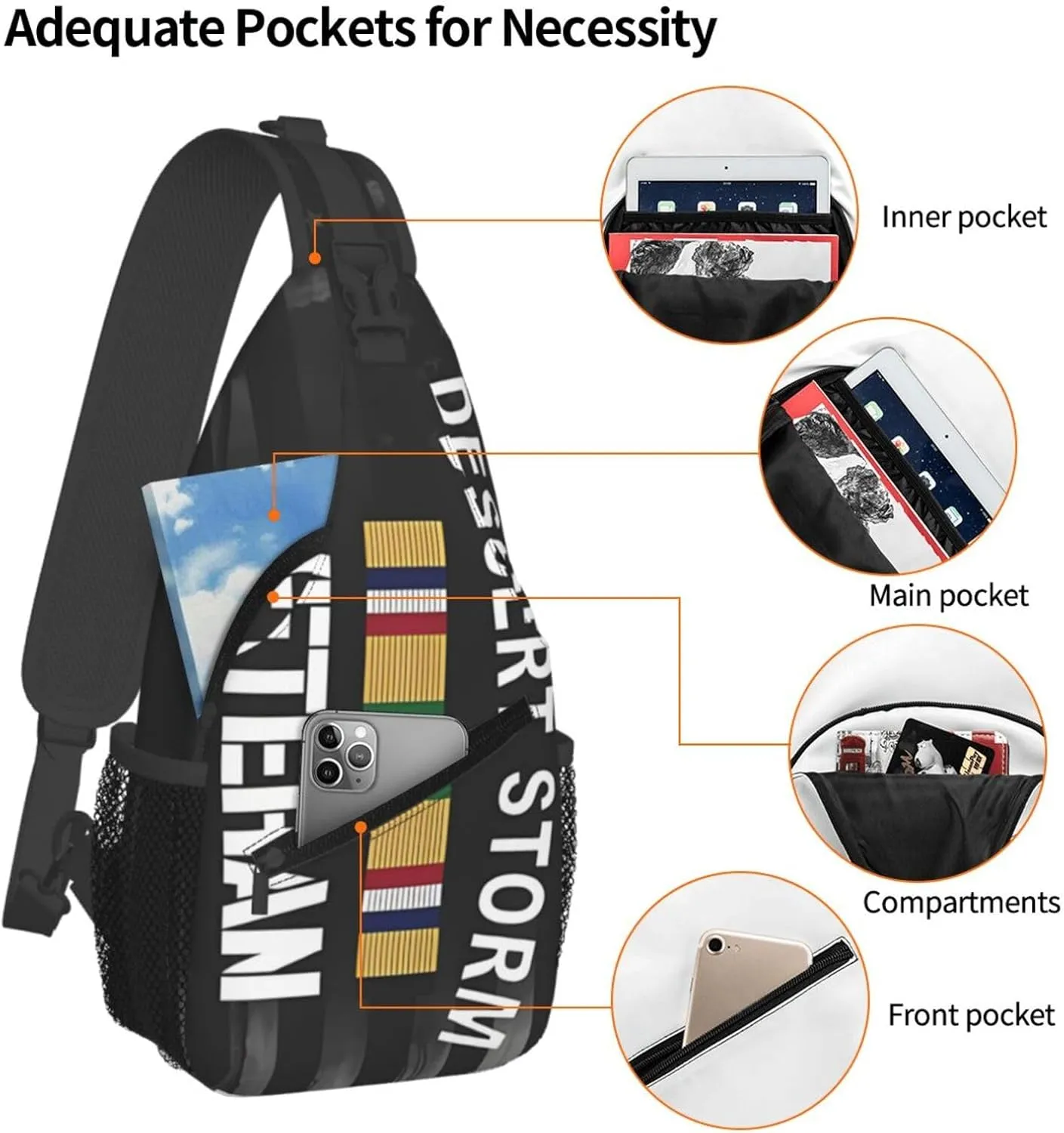 Desert Storm Veteran Pride Persian Gulf War Service Ribbon Small Crossbody Backpack Sling Bag For Men Women Mini One Shoulder Chest Bags Gym Sport Travel Hiking Daypack