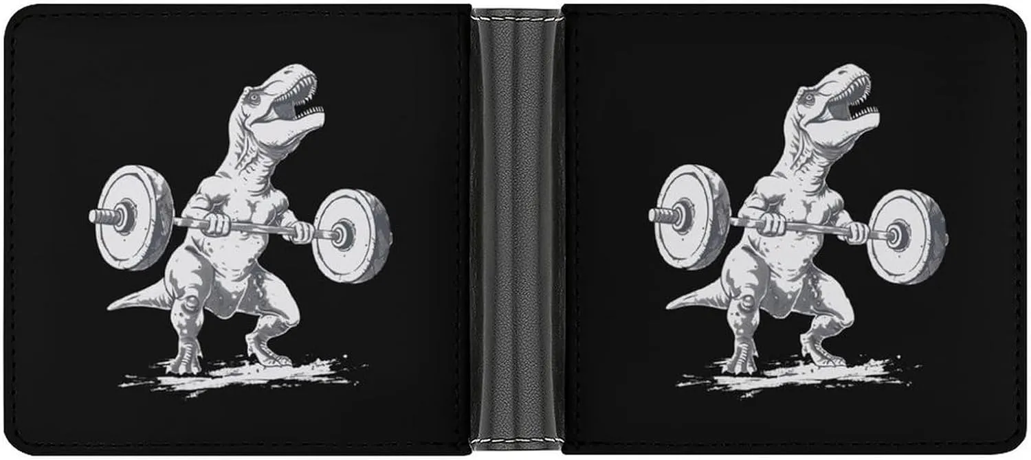Dinosaur Lifting Weights Fit Leather Wallets for Men Slim Bifold Purse Clutch Double-Sided Printing