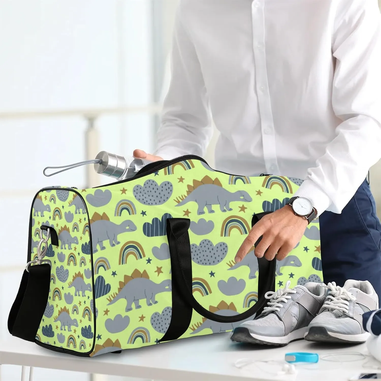 Dinosaur Rainbow Travel Duffle Bag, Weekender Bags for Women Men, Carry on Overnight Bag Waterproof Gym Bags, Hospital Bag for Labor and Delivery