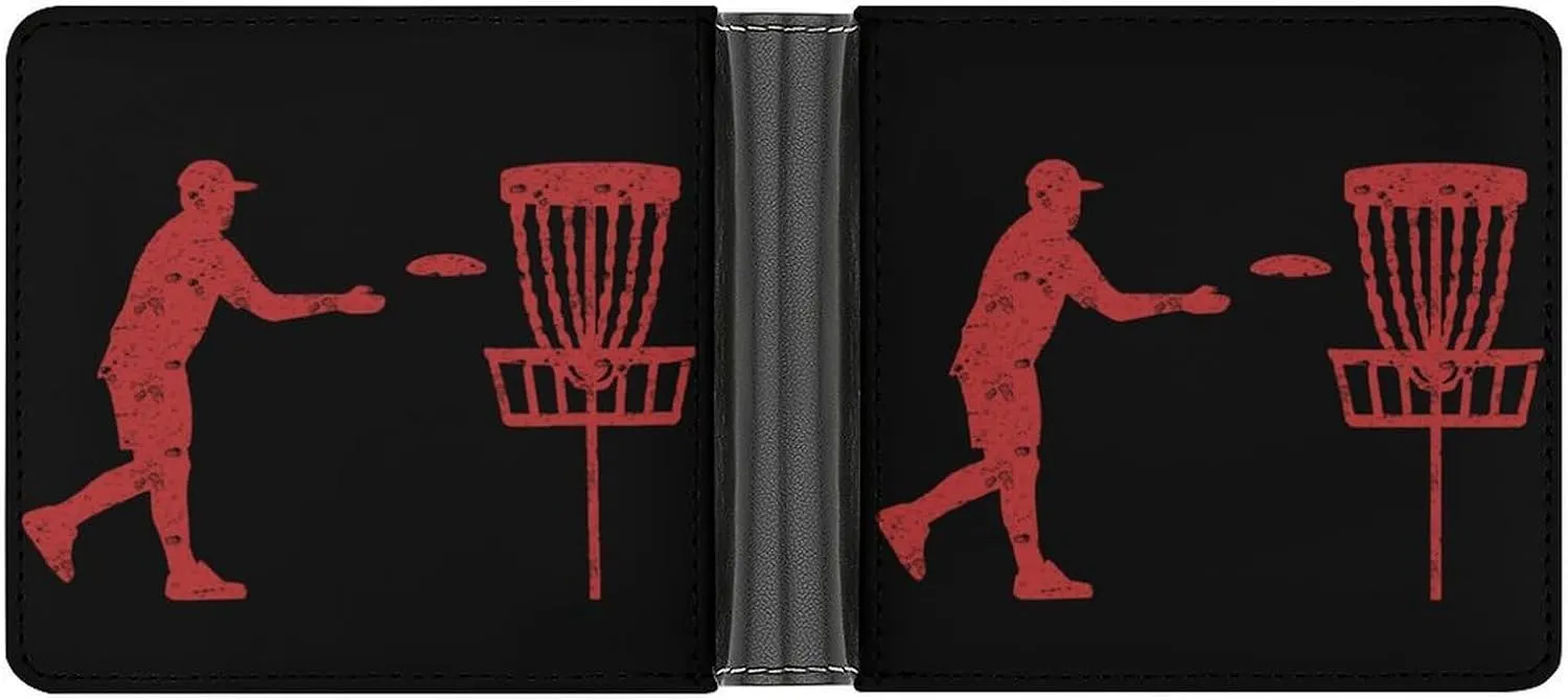 Disc Golf Icon Basket Leather Wallets for Men Slim Bifold Purse Clutch Double-Sided Printing