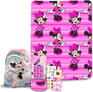 Disney Minnie Mouse Fleece Throw Blanket and Drawstring Bag Bundle - Minnie Mouse Kids and Teens Blanket, Drawstring Bag, Mickey Stickers, and More for Boys & Girls (Size 45" x 50")