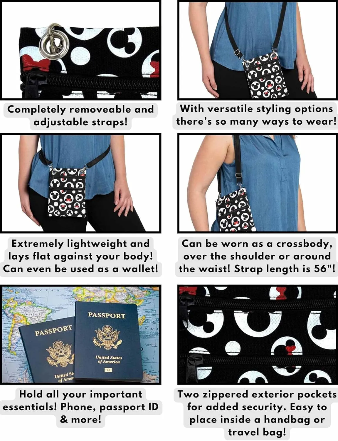 Disney Passport Bag Crossbody Travel Mickey Minnie Eeyore Stitch All Over Print