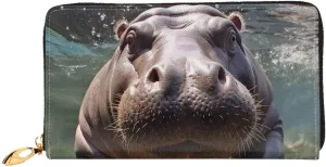 Diving Hippo Leather Wallets For Women Waterproof Zip Around Clutch Purses Large Credit Card Holder With Phone Holder Ladies Travel Coin Purse