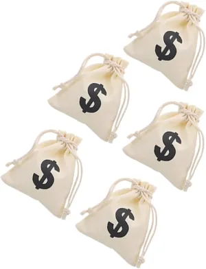 DOITOOL 5pcs Drawstring Money Bags with Sign Stylish Canvas Cloth Pouches for Party Favors Pirate Cosplay and present Wrapping Convenient Beige Color