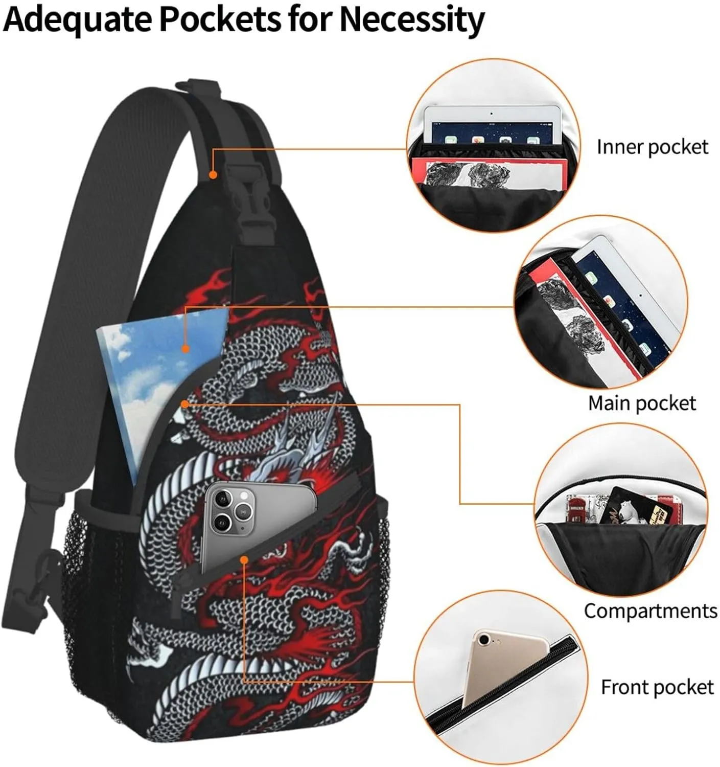 Dragon Pattern Sling Backpack Crossbody Sling Bag for Women Men Multipurpose Travel Hiking Chest Bag Daypack