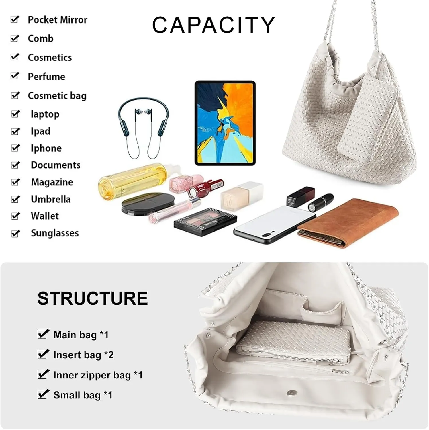 Drawstring Bag for Women Leather Tote Large Capacity Travel Handbag and Purse Foldable Handmade Woven Shoulder Bag