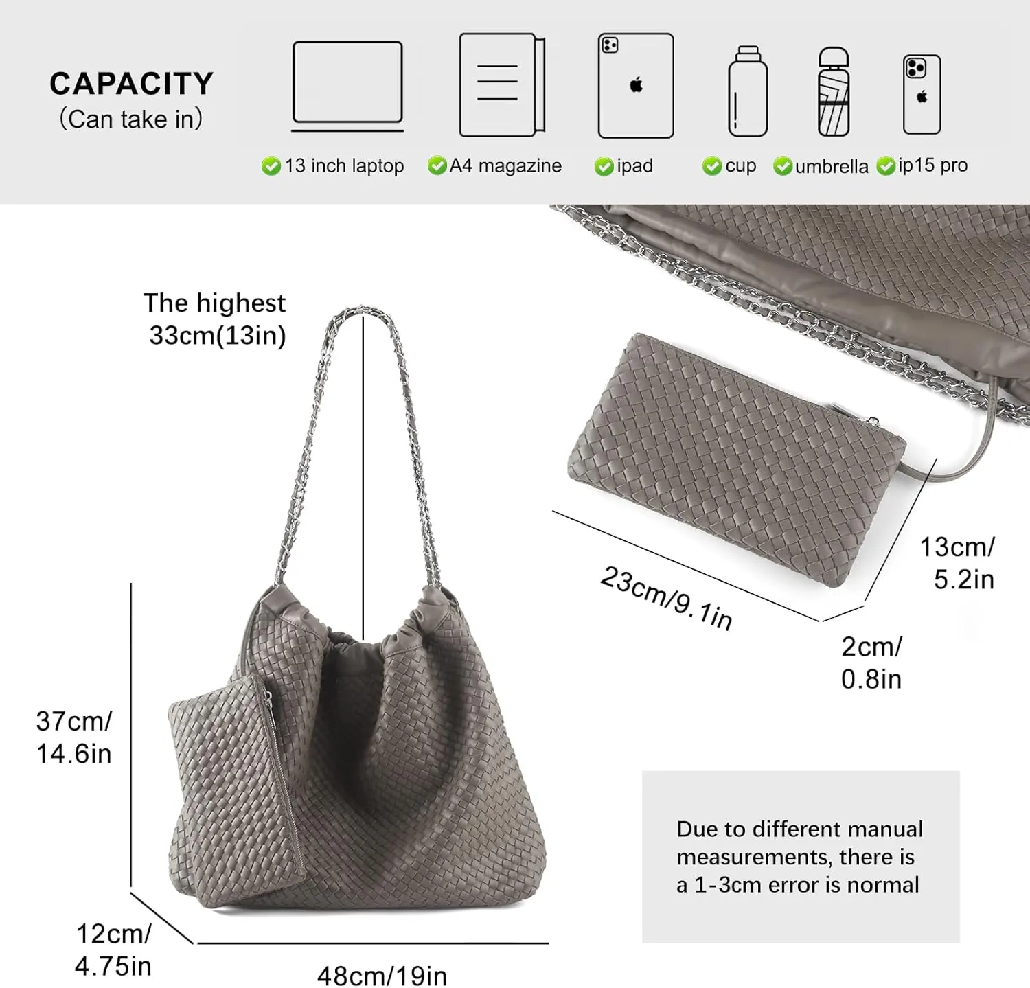 Drawstring Bag for Women Leather Tote Large Capacity Travel Handbag and Purse Foldable Handmade Woven Shoulder Bag