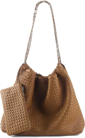 Drawstring Bag for Women Leather Tote Large Capacity Travel Handbag and Purse Foldable Handmade Woven Shoulder Bag