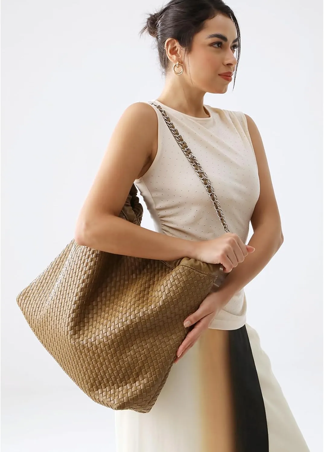 Drawstring Bag for Women Leather Tote Large Capacity Travel Handbag and Purse Foldable Handmade Woven Shoulder Bag