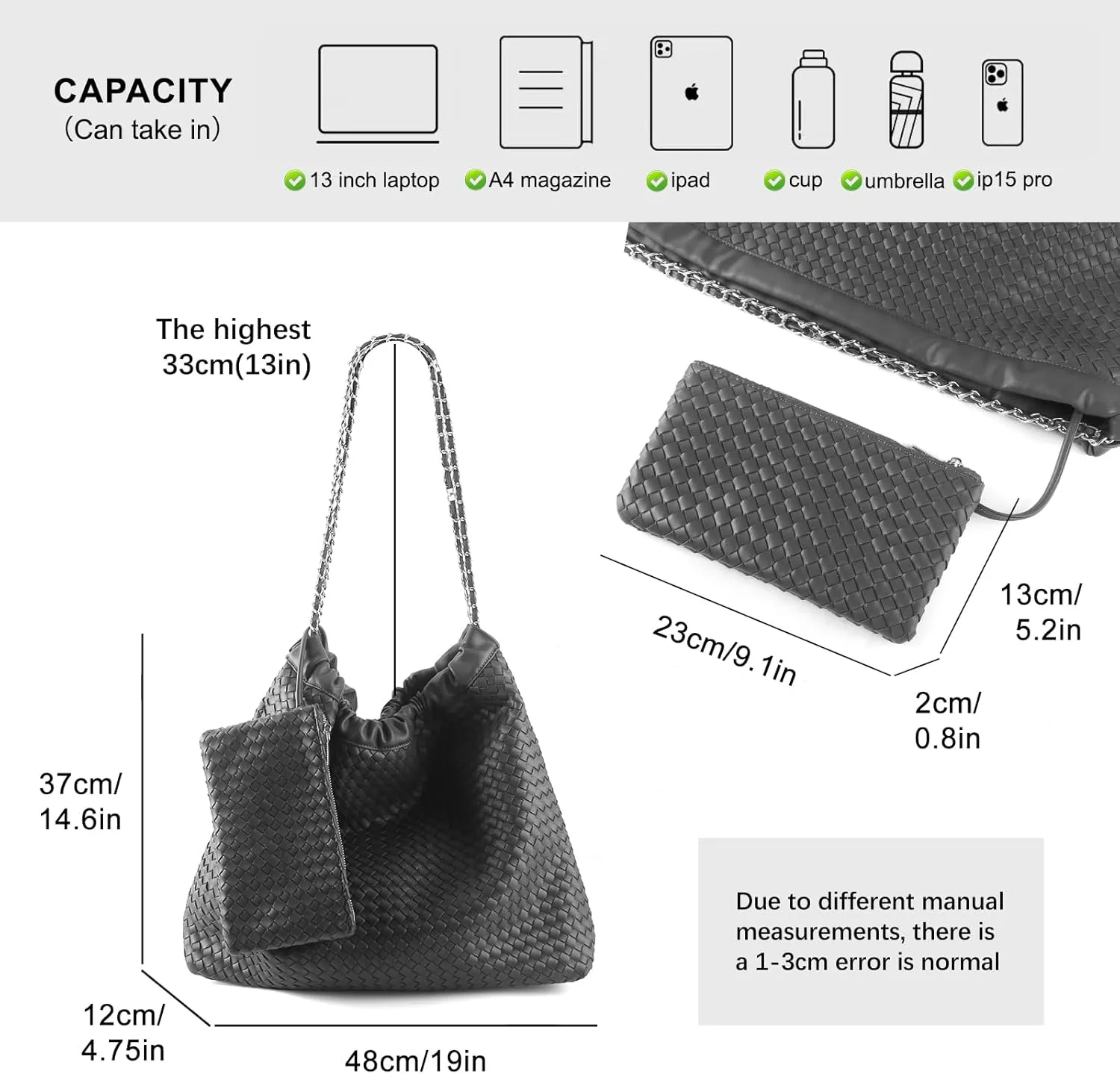 Drawstring Bag for Women Leather Tote Large Capacity Travel Handbag and Purse Foldable Handmade Woven Shoulder Bag