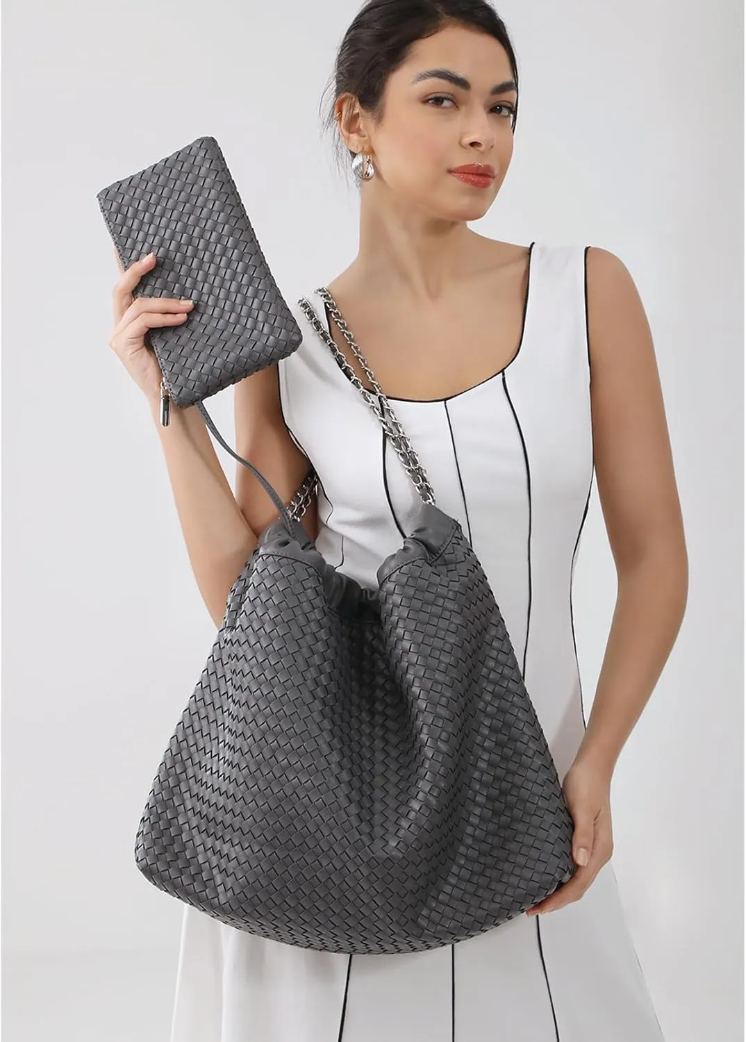 Drawstring Bag for Women Leather Tote Large Capacity Travel Handbag and Purse Foldable Handmade Woven Shoulder Bag