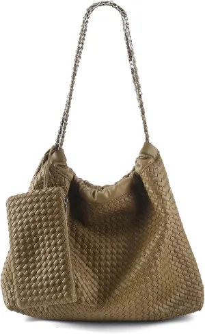 Drawstring Bag for Women Leather Tote Large Capacity Travel Handbag and Purse Foldable Handmade Woven Shoulder Bag