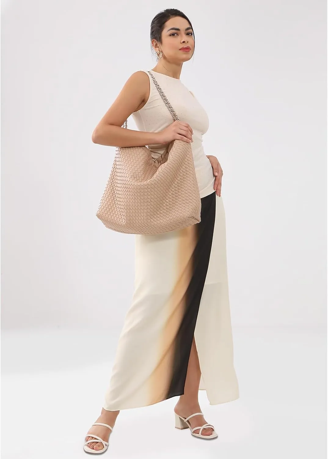 Drawstring Bag for Women Leather Tote Large Capacity Travel Handbag and Purse Foldable Handmade Woven Shoulder Bag