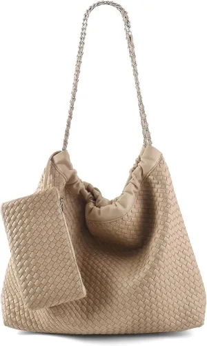 Drawstring Bag for Women Leather Tote Large Capacity Travel Handbag and Purse Foldable Handmade Woven Shoulder Bag