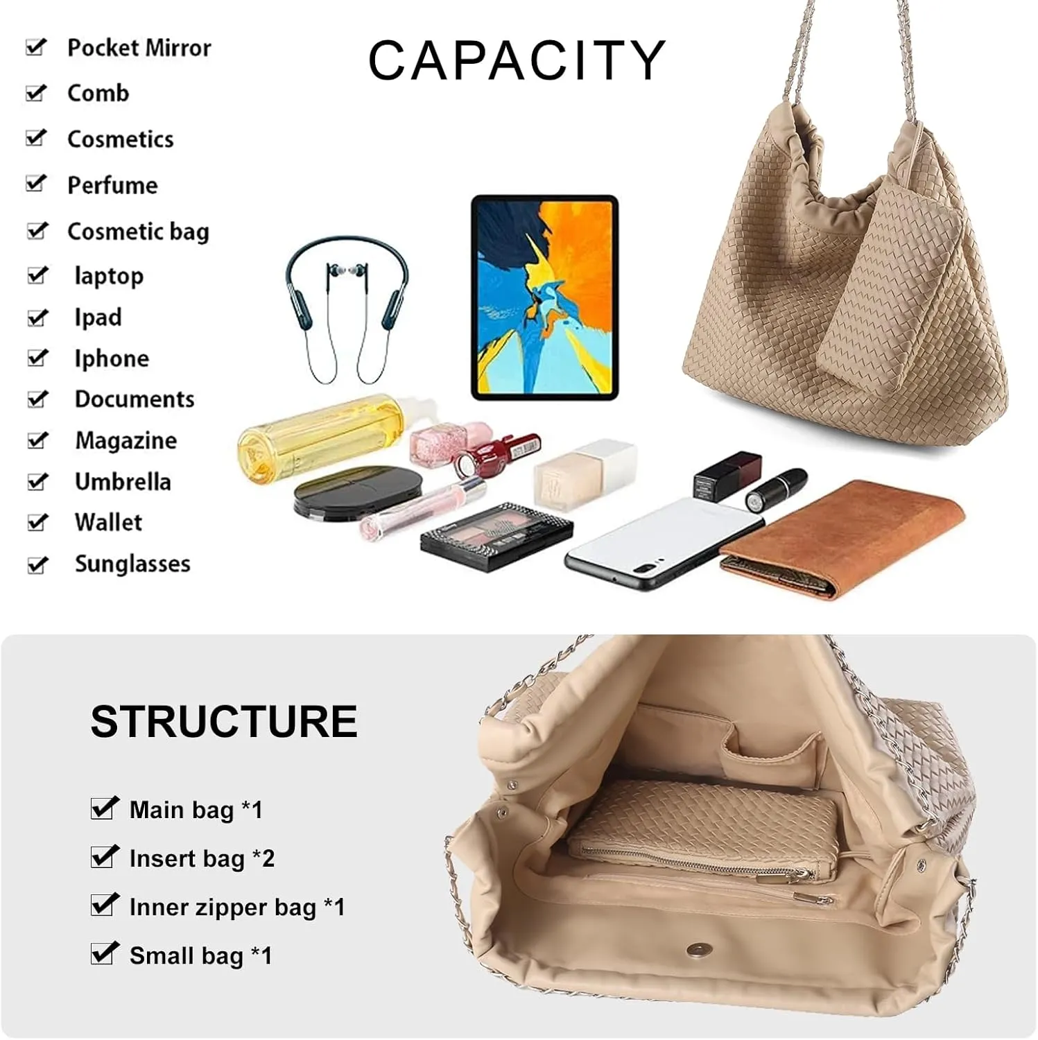 Drawstring Bag for Women Leather Tote Large Capacity Travel Handbag and Purse Foldable Handmade Woven Shoulder Bag