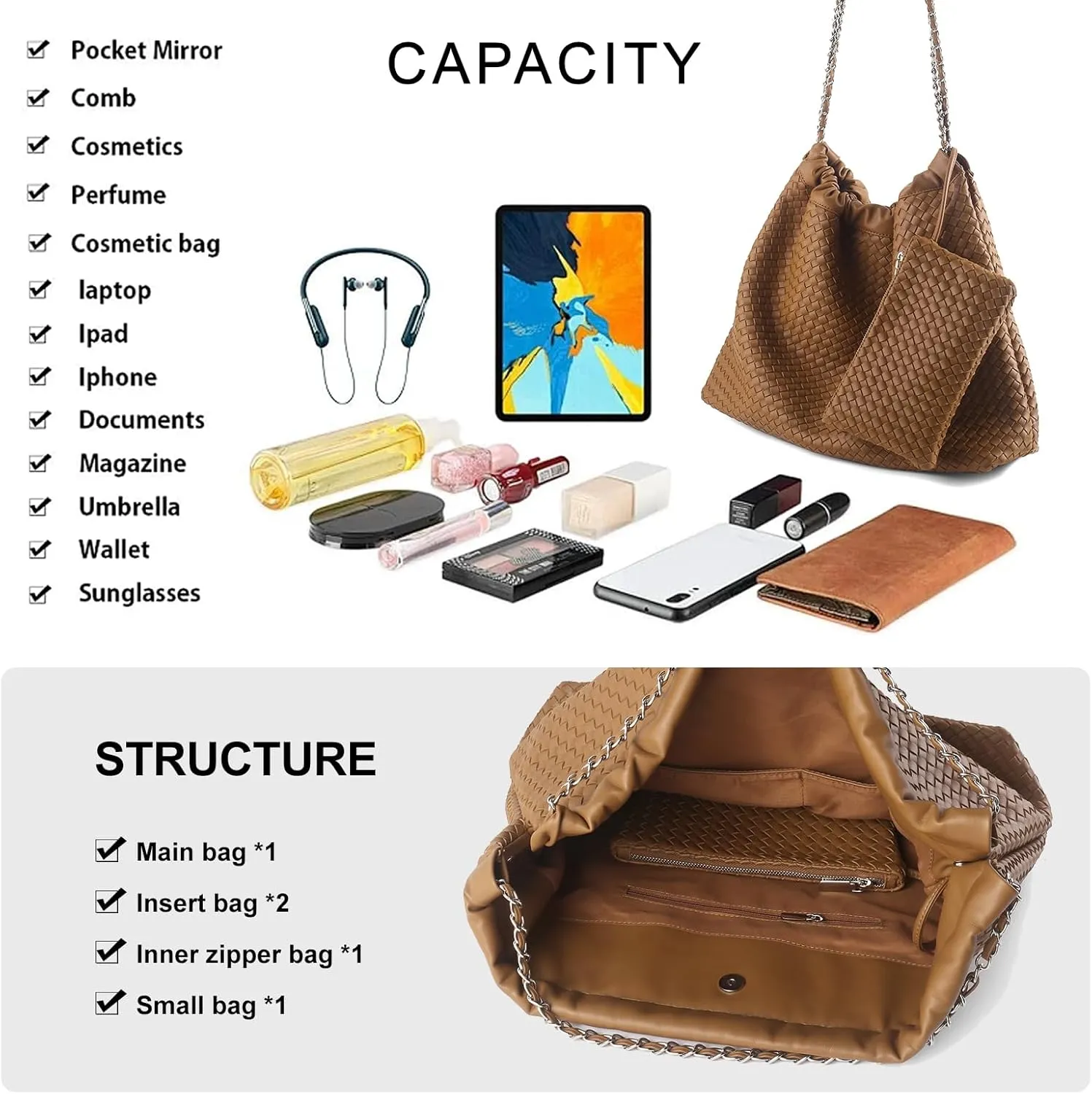 Drawstring Bag for Women Leather Tote Large Capacity Travel Handbag and Purse Foldable Handmade Woven Shoulder Bag