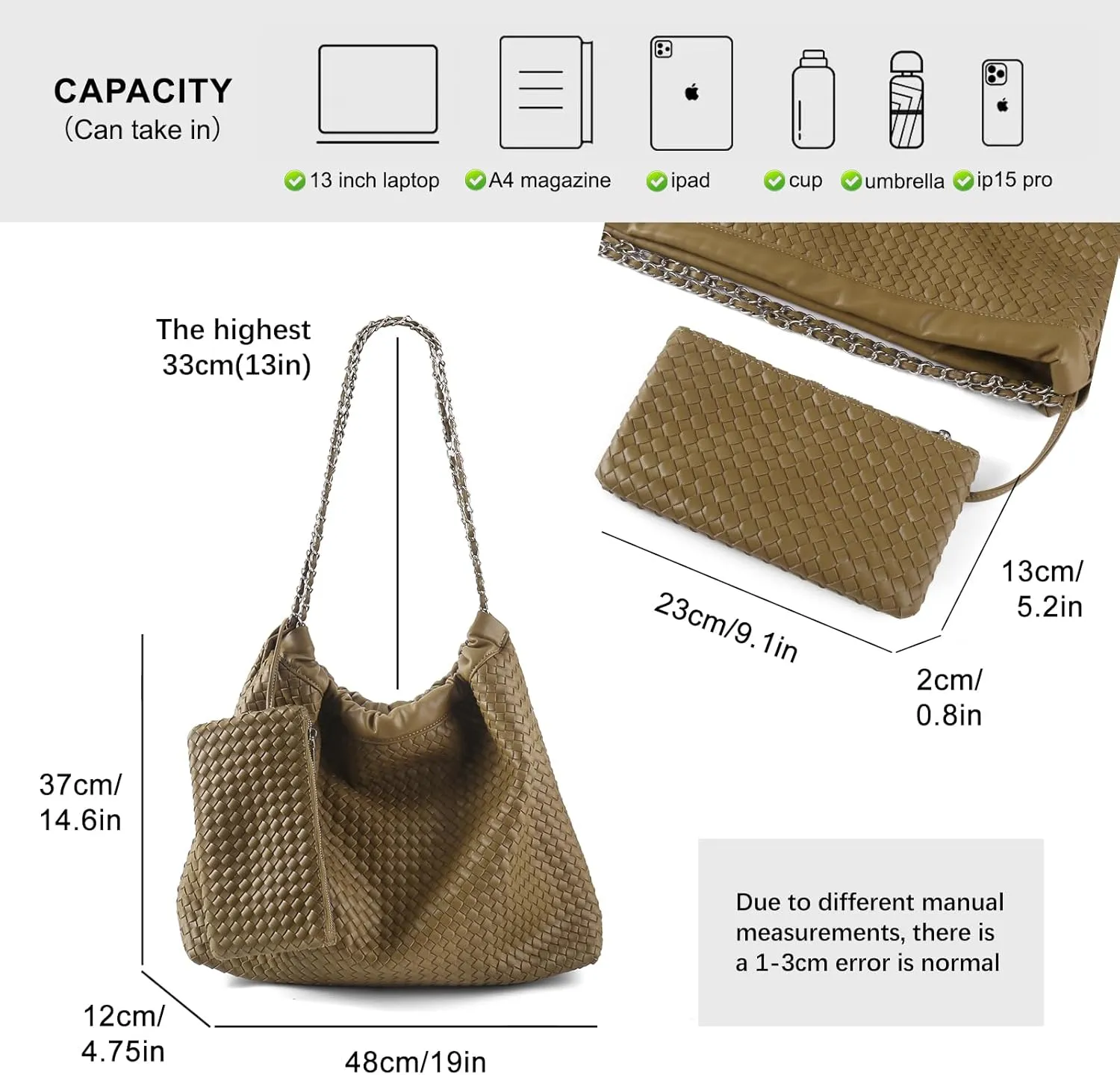 Drawstring Bag for Women Leather Tote Large Capacity Travel Handbag and Purse Foldable Handmade Woven Shoulder Bag