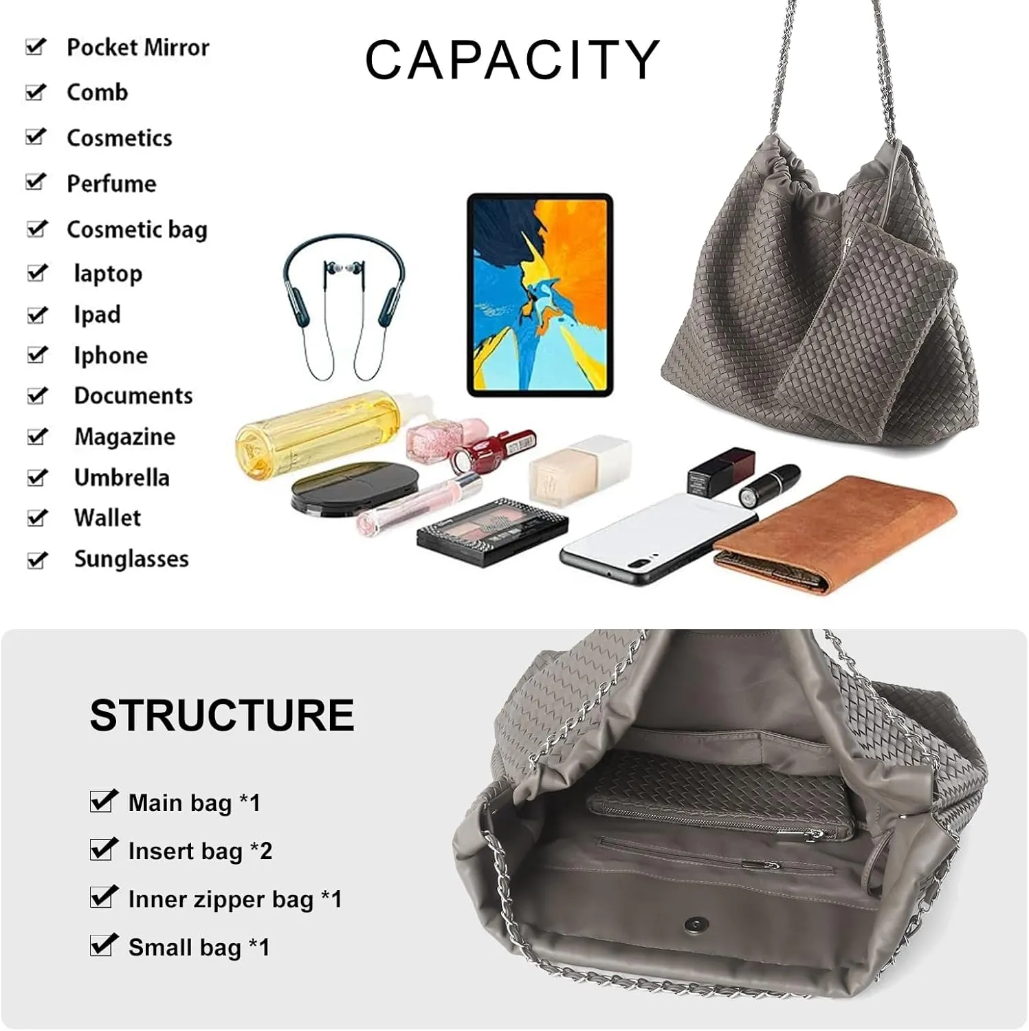 Drawstring Bag for Women Leather Tote Large Capacity Travel Handbag and Purse Foldable Handmade Woven Shoulder Bag
