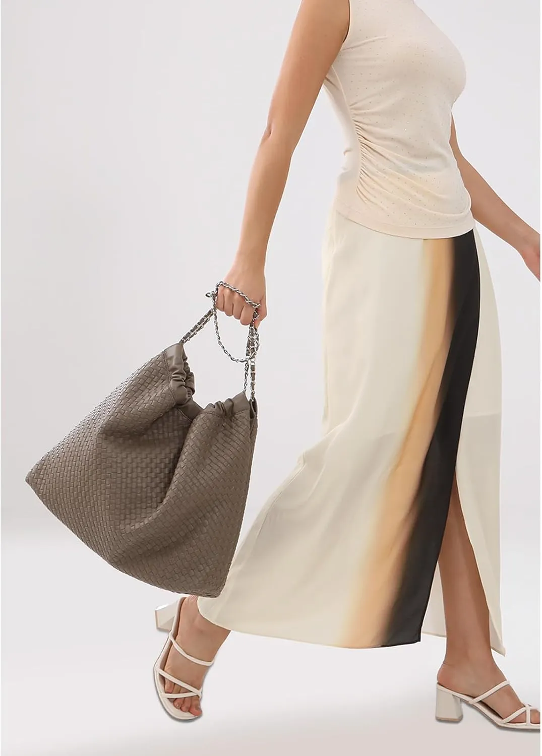 Drawstring Bag for Women Leather Tote Large Capacity Travel Handbag and Purse Foldable Handmade Woven Shoulder Bag