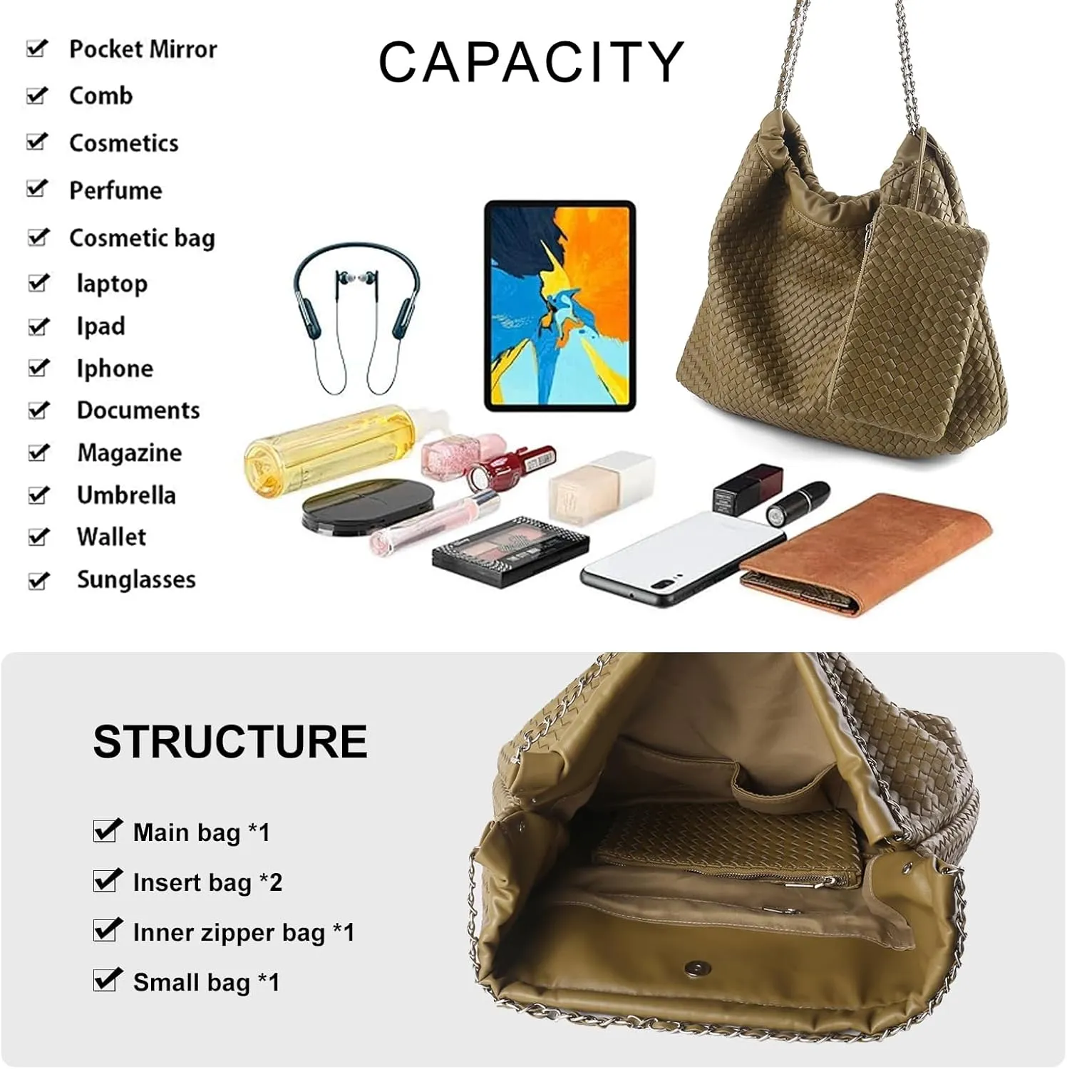 Drawstring Bag for Women Leather Tote Large Capacity Travel Handbag and Purse Foldable Handmade Woven Shoulder Bag