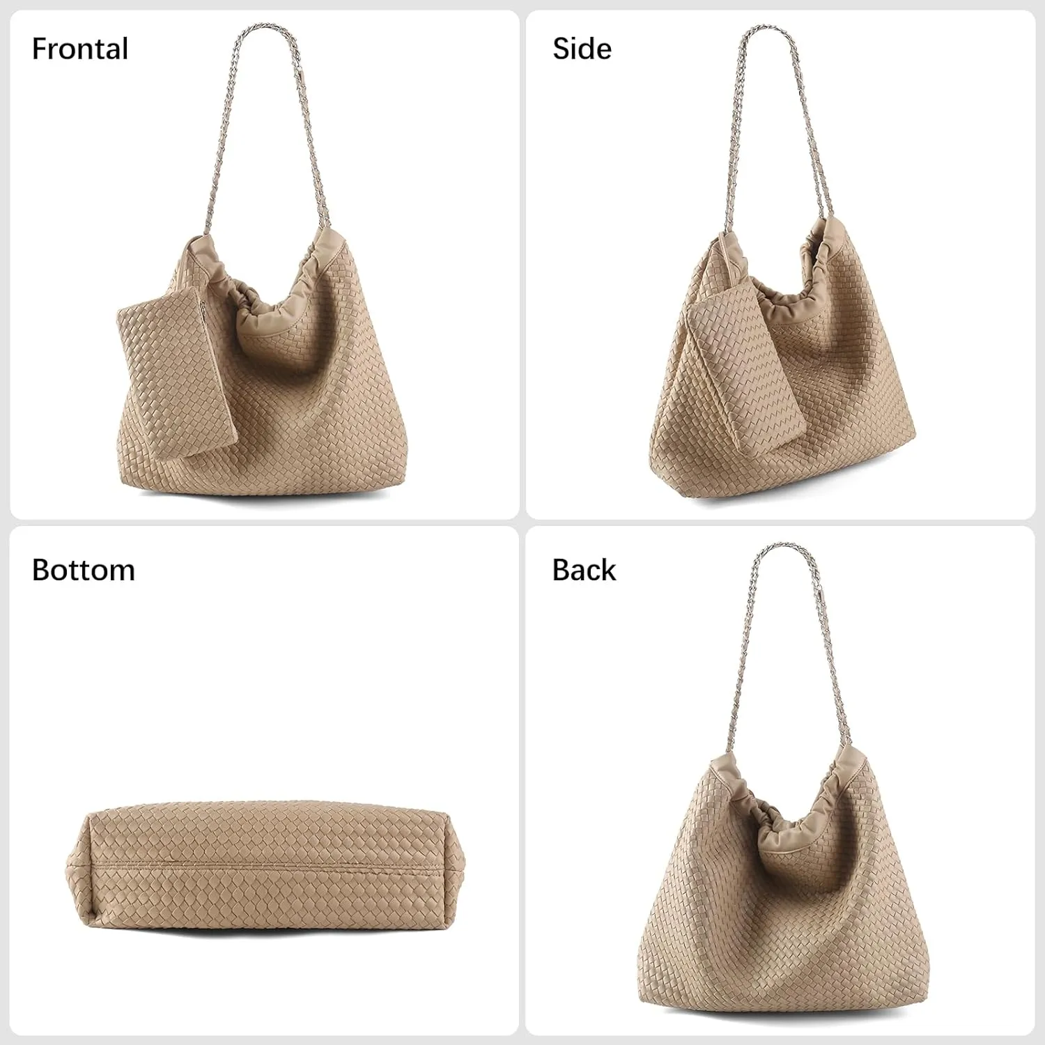 Drawstring Bag for Women Leather Tote Large Capacity Travel Handbag and Purse Foldable Handmade Woven Shoulder Bag