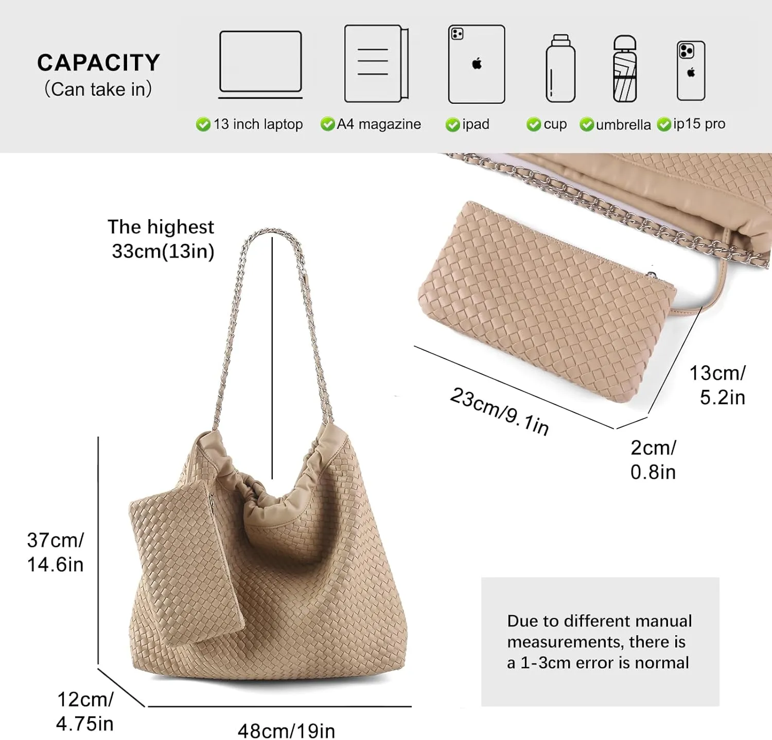 Drawstring Bag for Women Leather Tote Large Capacity Travel Handbag and Purse Foldable Handmade Woven Shoulder Bag