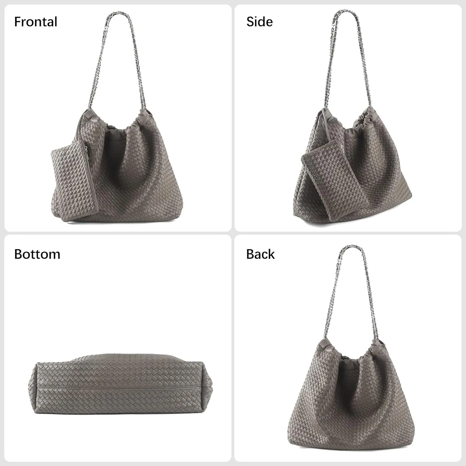 Drawstring Bag for Women Leather Tote Large Capacity Travel Handbag and Purse Foldable Handmade Woven Shoulder Bag