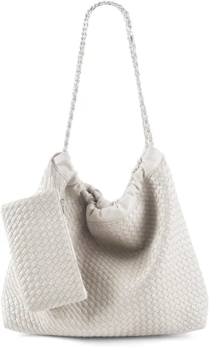 Drawstring Bag for Women Leather Tote Large Capacity Travel Handbag and Purse Foldable Handmade Woven Shoulder Bag